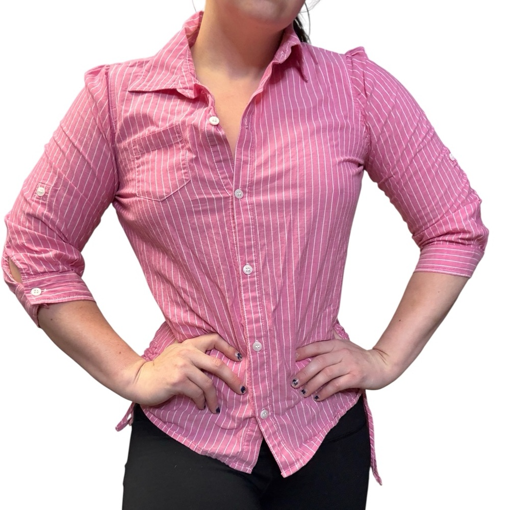 Caribbean Joe Pink and White Striped Shirt Roll Tab Sleeves Size Medium Cotton